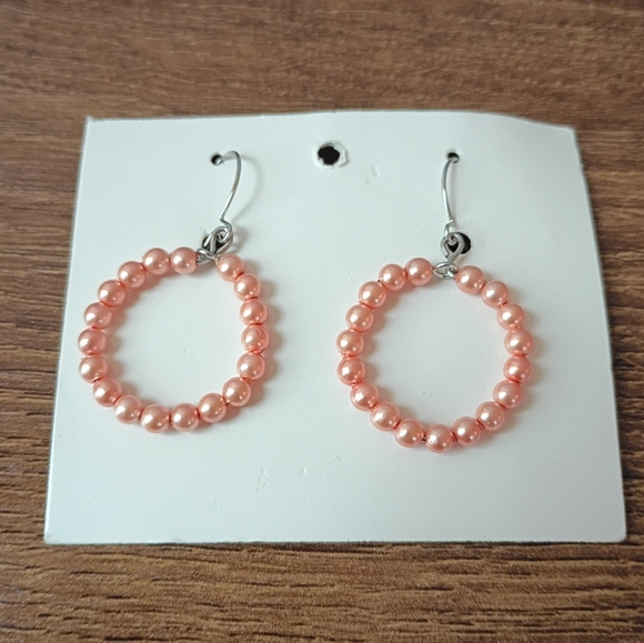 Coquette Pink Faux Pearl Beaded Dangle Hoop Drop Earrings Silver Tone - Picture 6 of 6